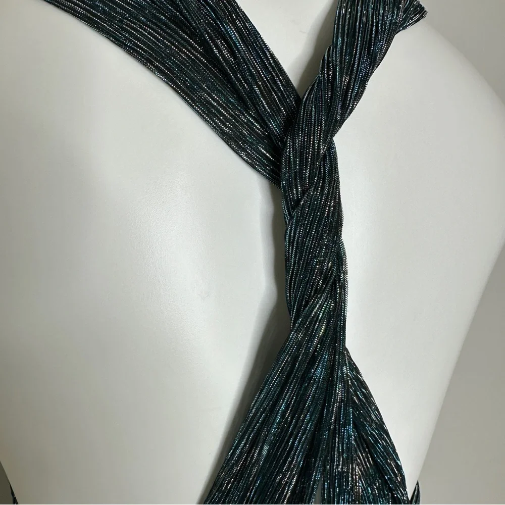 Lulus Metallic Stripe Twist Back Cocktail Dress In Gold/ Teal Small
